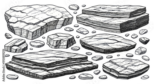 Hand-drawn sketch of various rocks and stones, natural elements.