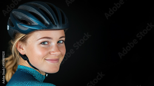 Caucasian blond athlete woman wearing cyclist triathlon decathlon sport isolated on black