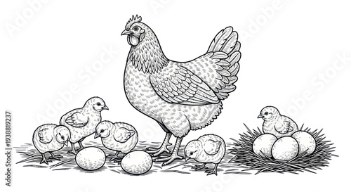 Hen with Chicks and Eggs Hand Drawn Sketch Illustration.