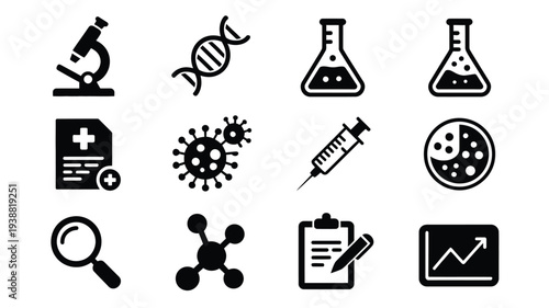 Medical and science icons set including microscope dna syringe virus and lab equipment on white background
