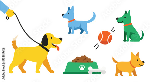 Minimalist flat vector graphic of pet care activities including dog walking, feeding bowl, and toy ball, using bright color accents on a white background.