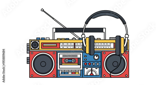 A colorful retro boombox vector illustration with headphones capturing the vibrant energy of 80s music and hip-hop culture.