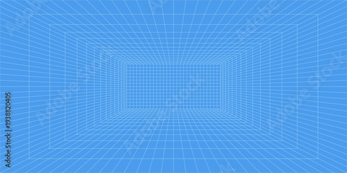 3d wireframe grid room. 3d perspective laser grid 16 9.. Cyberspace blue background with white mesh. Futuristic digital hallway space in virtual reality. Vector illustration.