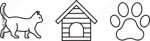 Cat Walking Past Dog House with Paw Print Icon Isolated on white background