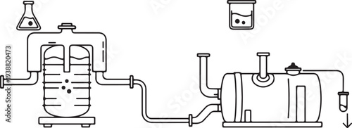 Chemical Processing System Diagram with Flasks and Tanks Isolated on white background