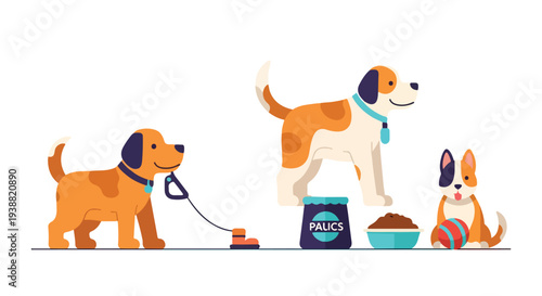 Flat vector illustration in a simple minimal style showing pet care routine icons like a dog walk, bowl of food, and play ball with bright colors on white.