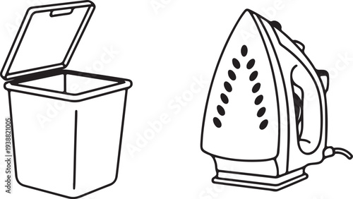 Ironing Station Setup: Iron and Laundry Basket Icons Isolated on white background
