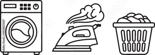 Laundry Icons: Washer Steaming Iron and Basket Isolated on white background