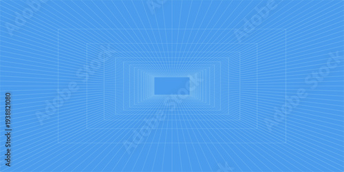 3d wireframe grid room. 3d perspective laser grid 16 9.. Cyberspace blue background with white mesh. Futuristic digital hallway space in virtual reality. Vector illustration.