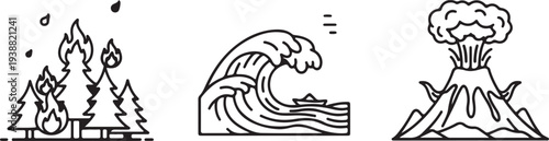 Natural Disasters: Forest Fire Tsunami Wave Volcano Eruption Icons Isolated on white background