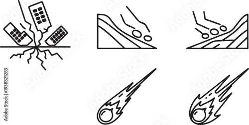 Natural Disasters Icons: Earthquake Landslide Meteor Shower Isolated on white background