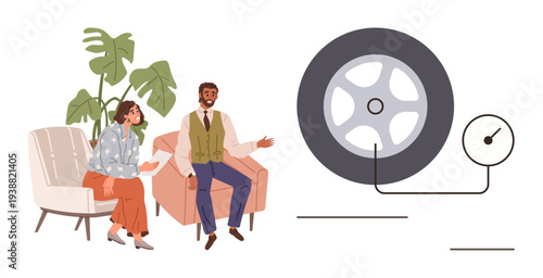 Communication, relationship advice, teamwork, tire maintenance, stress management, interpersonal growth. A man and woman seated, dialoguing next to a tire with a pressure gauge. Communication