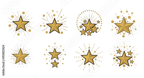 A collection of golden stars in various sizes and arrangements ideal for design projects on transparent background silhouette