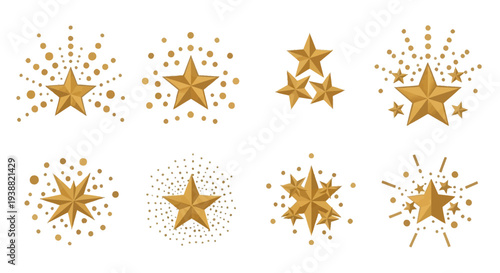A collection of golden stars in various sizes with sparkling trails ideal for design projects on transparent background silhouette