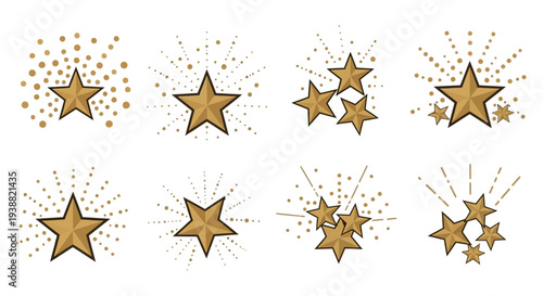 A collection of golden stars with sparkling trails and bursts ideal for design projects on transparent background silhouette