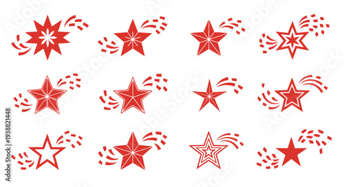 A collection of vibrant red starbursts and stars in various sizes ideal for design projects on transparent background silhouette