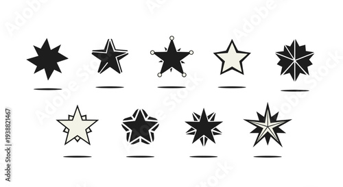A collection of five pointed stars in varied designs presented as a graphic element on transparent background silhouette high quality
