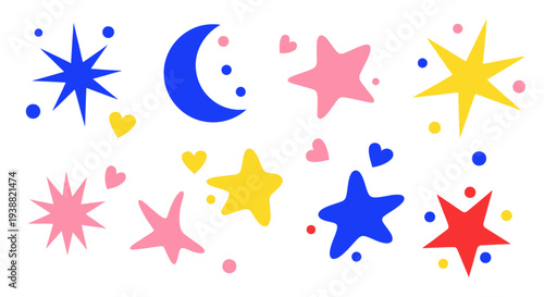 Colorful celestial shapes including stars moons and hearts create a playful design on transparent background silhouette high quality professional