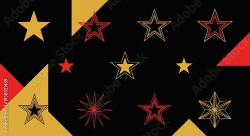 A vibrant collection of golden red and black stars and triangular shapes on transparent background silhouette high quality professional