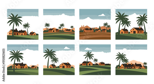 A collection of nine tropical landscape scenes featuring houses and palm trees on transparent background silhouette high quality professional