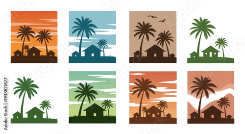 A collection of tropical beach scenes with palm trees huts and birds perfect for designs on transparent background silhouette