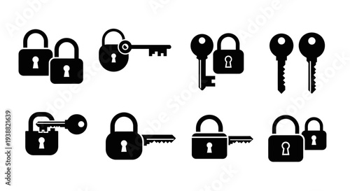 A collection of black lock and key icons in various positions ideal for security designs on transparent background silhouette