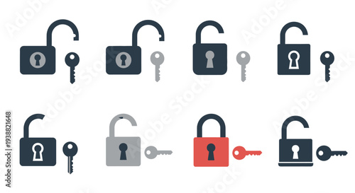 A collection of colorful padlocks and keys depicted in a flat style on transparent background silhouette high quality professional