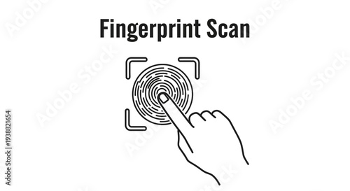 A minimalist line drawing depicts a hand pressing onto a fingerprint scanner with a circular target on transparent background silhouette