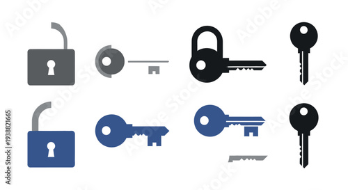An assortment of padlocks and keys in varying colors and styles ideal for design projects on transparent background silhouette