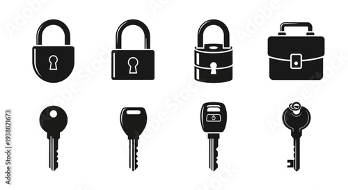 A collection of black lock and key icons including padlocks keys and a briefcase silhouette on transparent background