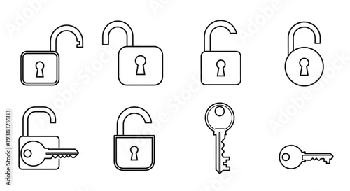 A set of four padlocks a key and various lock components depicted in a simple line art silhouette on transparent