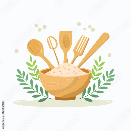 Flat illustration of wooden kitchen utensils arranged in a bowl filled with flour surrounded by green leaves on a light background with small dot accents