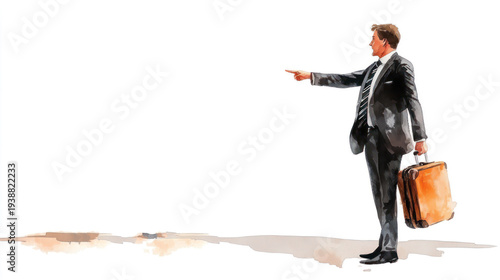 Brown watercolor painting of professional manager pointing away