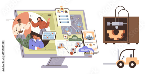 Project management, supply chain, remote communication, collaboration, 3D printing, logistics. Monitor displaying visuals of teamwork and plans, 3D printer and forklift. Project management