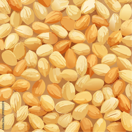 Close-up overhead view of a multitude of light brown roasted almonds scattered and overlapping on a warm beige background creating a textured pattern with soft shadows and highlights suggesting a
