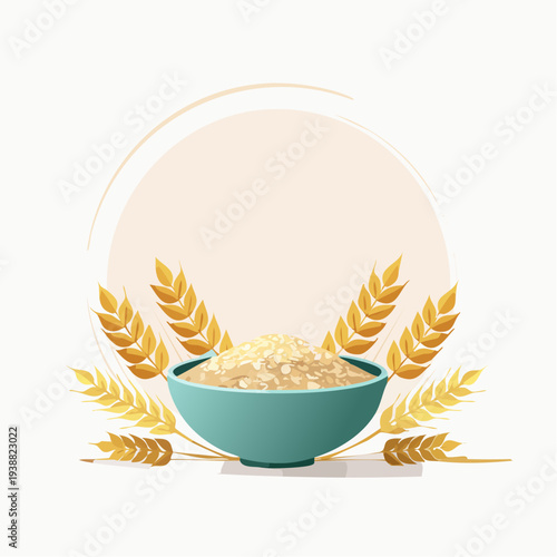 Teal Bowl Filled With Golden Oatmeal Surrounded by Wheat Stalks Against a Softly Lit Circular Background Creating a Wholesome and Nourishing Breakfast Scene