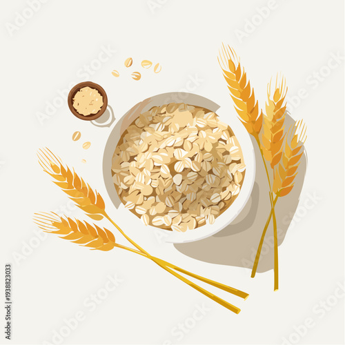 Top View of Oatmeal in a White Bowl Surrounded by Golden Wheat Stalks and Small Wooden Bowl of Oat Flakes on a Light Neutral Background with Soft Shadows Natural Light