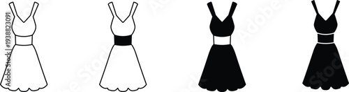 Dress icon illustration set, sleeveless V-neck, flared skirt, black and white variations, fashion design, clothing vector, stylish outfit, apparel art, wardrobe symbol, trendy wear