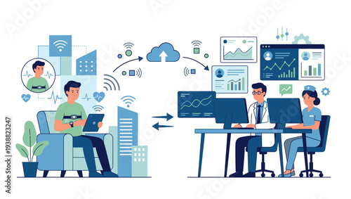 Healthcare professionals collaborating remotely with technology and data analysis on multiple screens in a modern office setting