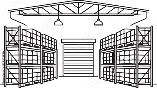 Agricultural Distribution Warehouse Interior Black and White Line Art Vector Illustration