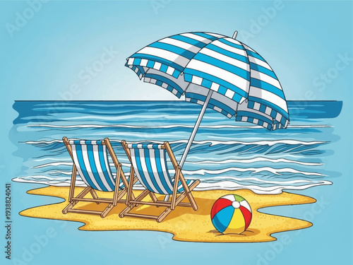 Beach Chairs Umbrella and Ball on Sandy Shoreline.
