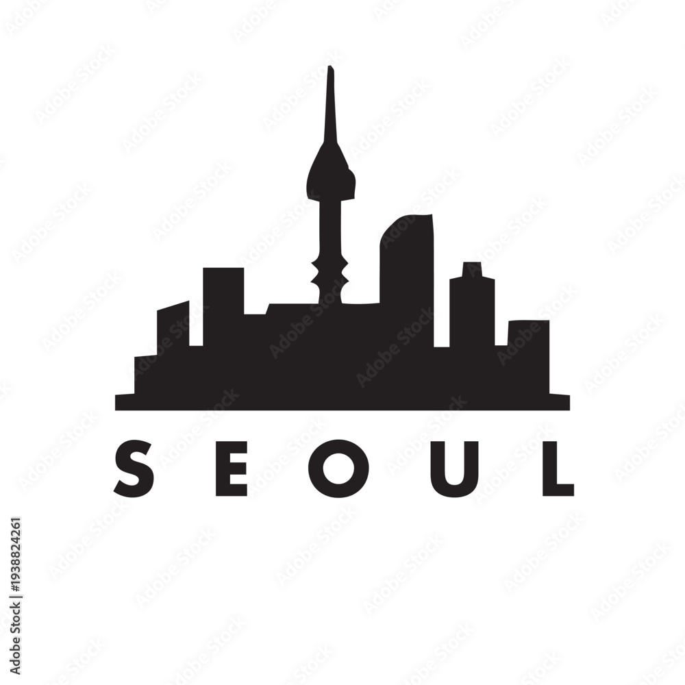 Fototapeta premium Seoul Skyline Silhouette with N Seoul Tower Landmark Black Vector Icon