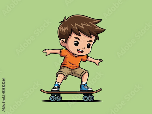 Cute cartoon boy happily skateboarding on a skateboard.