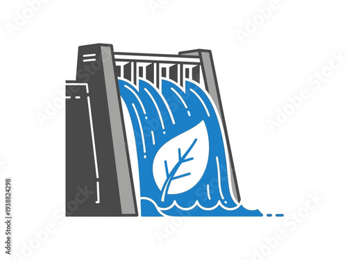 Eco-friendly hydroelectric dam generating clean energy with leaf symbol.