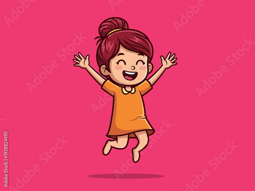 Happy cartoon girl jumping with joy and excitement.