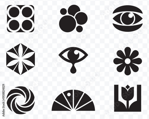 Diverse Black Vector Icon Set Geometric, Nature, and Abstract Symbols for Modern UI UX and Web Design