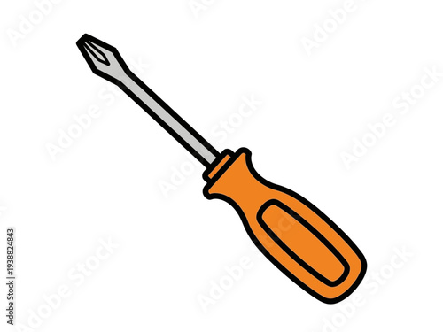 Simple illustration of a Phillips head screwdriver with an orange handle.