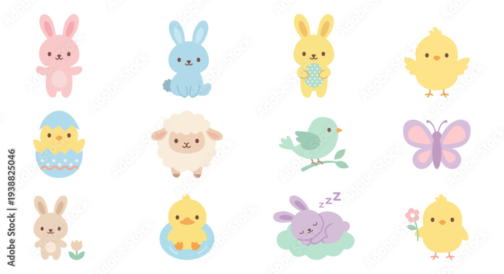Fototapeta premium Collection of small animal icons including rabbits, chicks, lambs, birds, and butterflies.