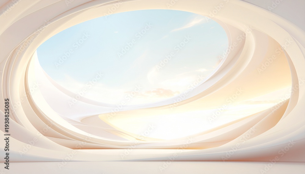 Obraz premium Modern abstract interior with graceful flowing white forms and a radiant opening to a tranquil sky, symbolizing contemporary design and luminous space