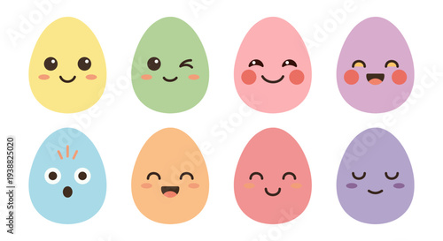 Emoji style Easter eggs with various cute facial expressions and emotions in pastel colors.